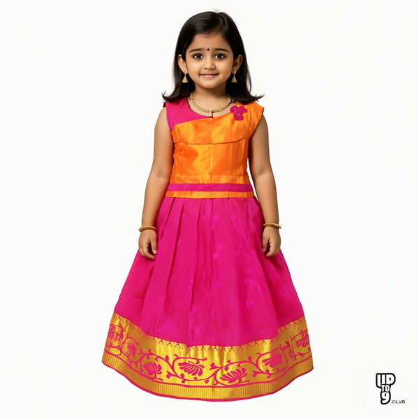 SRI LAKSHMI NARAYANA  Girls Traditional Indian Lehenga Choli Set, Pink and Orange ,Embose Pattu Pavada 110SP