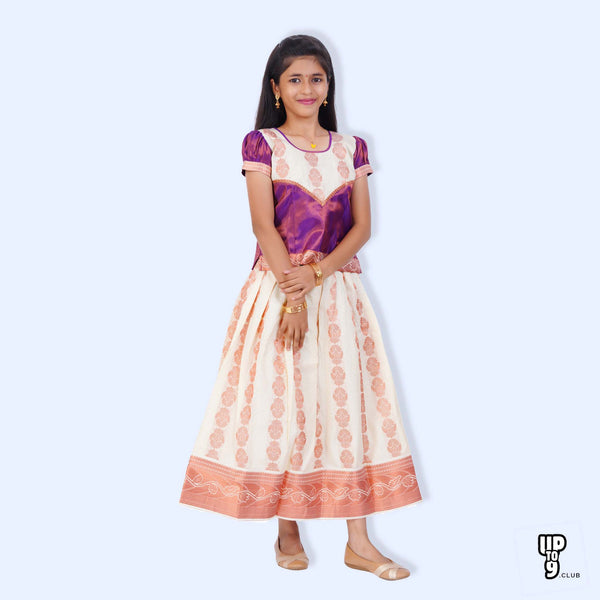 SKV ETHNIVERSE  Traditional Indian Lehenga choli Set , Cream with purple, copper , jaquard self  emboss pattu pavadai