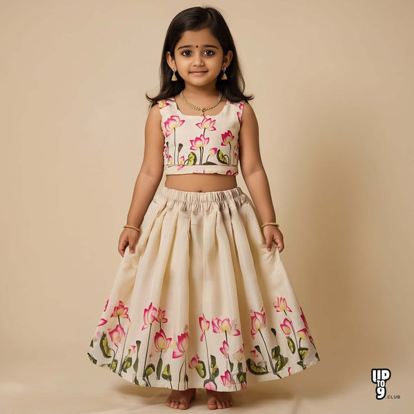 SRI LAKSHMI NARAYANA  Girls Traditional Indian Lehenga Choli Set, Gray, Tissue - Kasavu Cotton Pattu Pavada 439SP