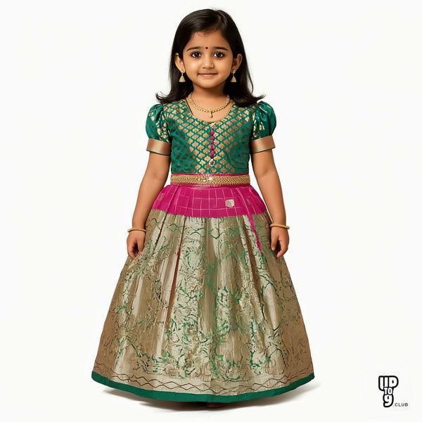 SRI LAKSHMI NARAYANA  Girls Traditional Indian Lehenga Choli Set, Green , Banarasi Silk Pattu Pavada 341SP