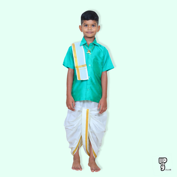 ROYAL TRENDY'S  Ethnic Wear Boys' Art Silk Shirt & Panjagajam Set - Green color
