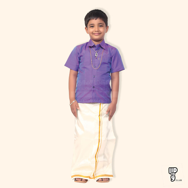 THANGAMAGAN PREMIUM Boys Lavender Shirt with Self-attaching Dhoti, Towel And Freebies Set