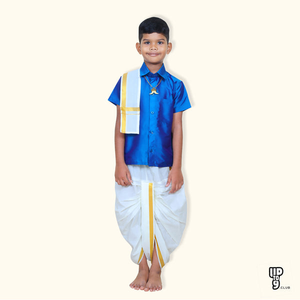 ROYAL TRENDY'S  Ethnic Wear Boys' Art Silk Shirt & Panjagajam Set - Blue color
