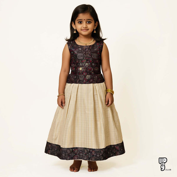 SHREE DEVI  Girls Traditional Indian Lehenga Choli Set, Black and White ,Ajrakh Silk Tissue Cotton Pattu Pavada