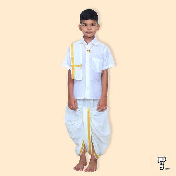 ROYAL TRENDY'S  Ethnic Wear Boys' Art Silk Shirt & Panjagajam Set - White color