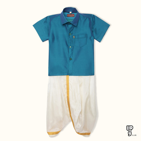 THANGAMAGAN PREMIUM Solid Blue Boys Panjagajam & Shirt Set