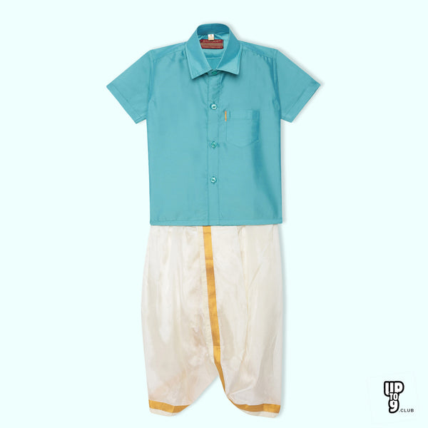 THANGAMAGAN PREMIUM Solid light blue Boys Panjagajam & Shirt Set