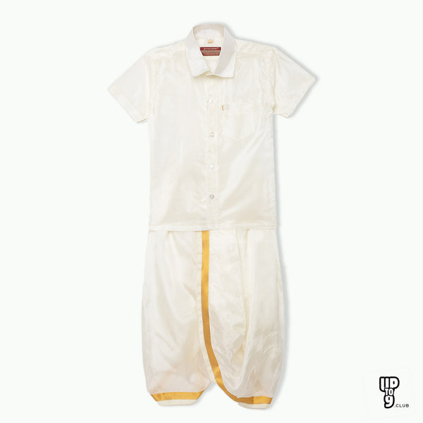 THANGAMAGAN PREMIUM Solid White Boys Panjagajam & Shirt Set