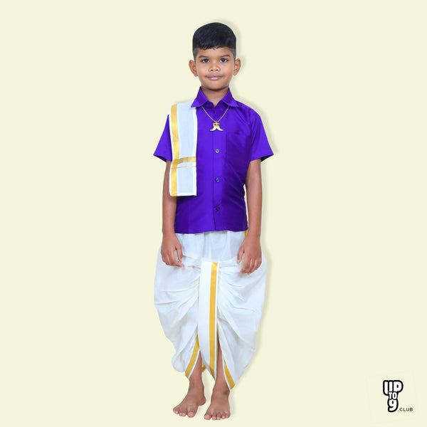 ROYAL TRENDY'S  Ethnic Wear Boys' Art Silk Shirt & Panjagajam Set - Purple color