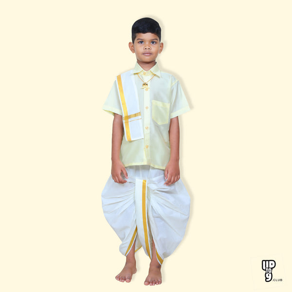 ROYAL TRENDY'S  Ethnic Wear Boys' Art Silk Shirt & Panjagajam Set - Yellow color