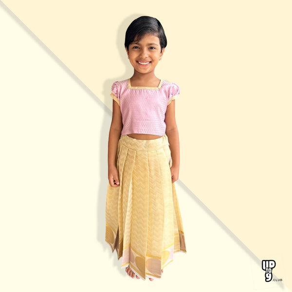 CHEALA FAB'S PREMIUM ethnic pure Cotton Silk Lehenga Choli Set, Pink Top With Full Length beige skirt Pattu Pavada