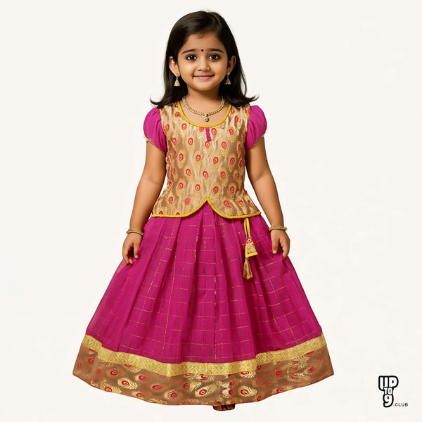 SRI LAKSHMI NARAYANA  Girls Traditional Indian Lehenga Choli Set, Pink and Gold , Banaras - Slub  Checkered  Silk Pattu Pavada 313SP