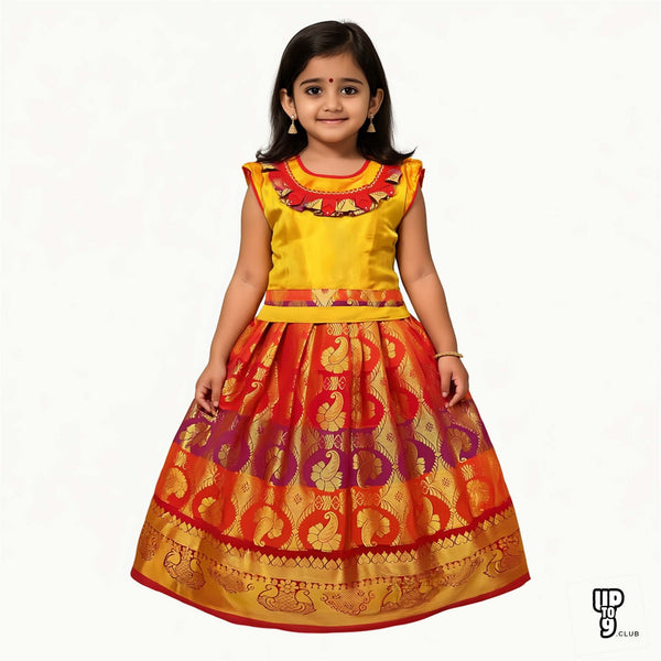 SRI LAKSHMI NARAYANA  Girls Traditional Indian Lehenga Choli Set, Gold and Orange ,Embose Pattu Pavada 120DP
