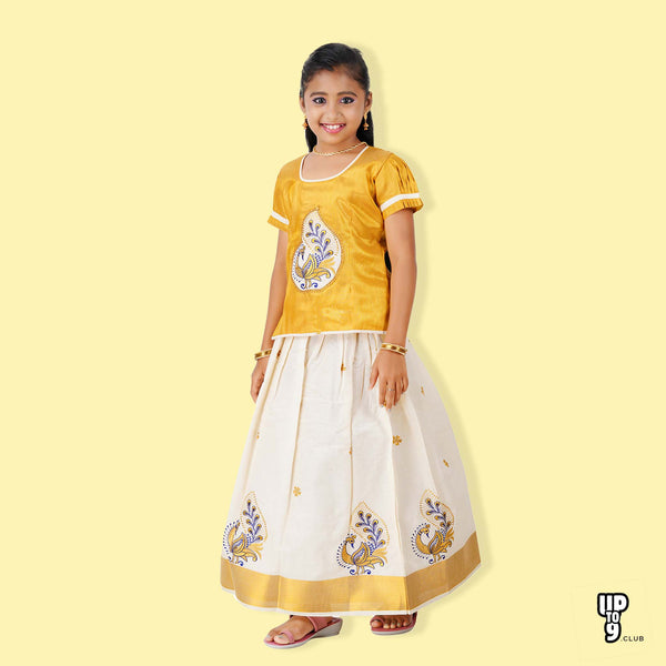 SKV Ethniverse Girl's Traditional Indian Lehenga Choli Set, Cream with Gold and Blue, kerala ethnic , mayil embroidered pattu pavadai