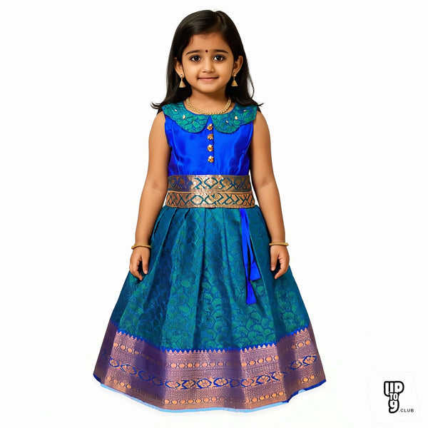 SRI LAKSHMI NARAYANA  Girls Traditional Indian Lehenga Choli Set, Blue , Muslin Silk Pattu Pavada 352SP