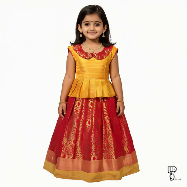 SRI LAKSHMI NARAYANA  Girls Traditional Indian Lehenga Choli Set, Red and Golden, Banarasi Silk Pattu Pavada 344SP