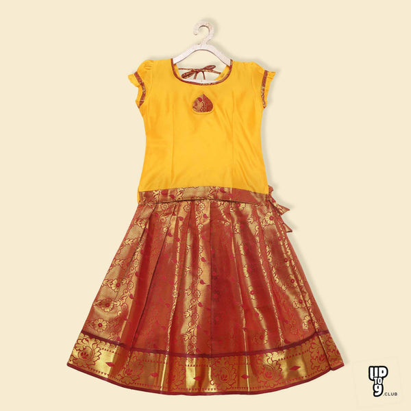 BABY LAKSHMI Viscose Short Puffed Sleeves Floral Foil Printed Pattu Pavadai Set - Yellow