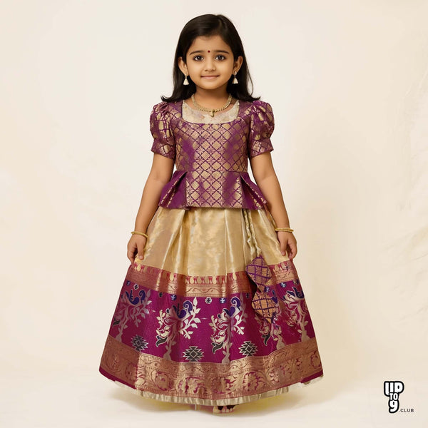 SRI LAKSHMI NARAYANA  Girls Traditional Indian Lehenga Choli Set, Maroon , Chanderi Silk Pattu Pavada 350SP