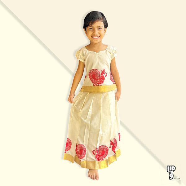 CHEALA FAB'S PREMIUM ethnic pure Cotton Silk Lehenga Choli Set, White, Red & Gold designed Top With Full Length White, Red & Gold Designed skirt Pattu Pavada