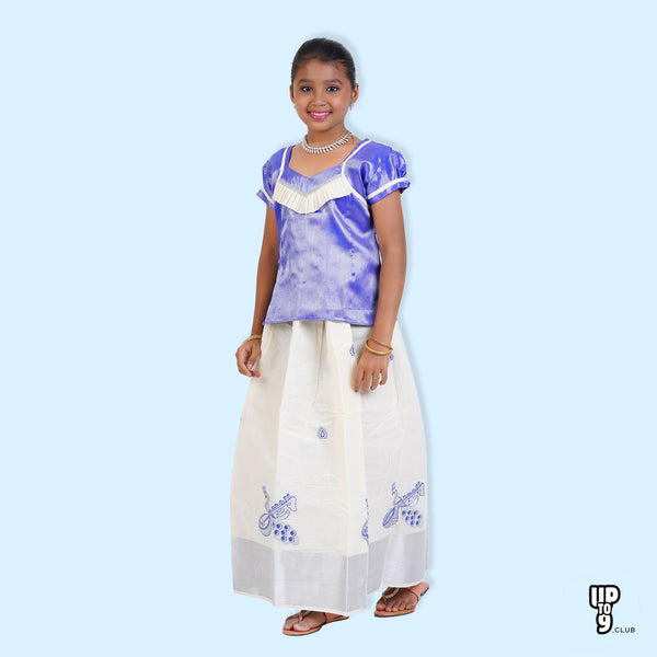 SKV ETHNIVERSE Girls' Traditional Indian Lehenga Choli Set,  Blue and cream  ,embroidered pattu pavadai