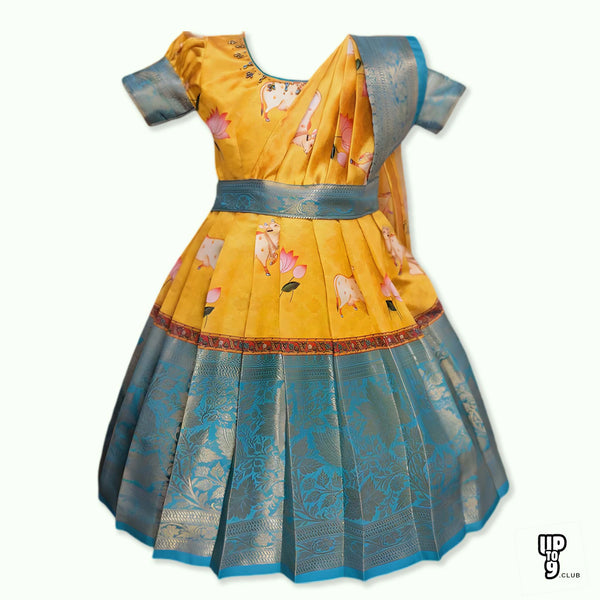 SRI LAKSHMI NARAYANA PREMUIM  Girls Traditional Indian Lehenga Choli Set, Yellow and Green, Chanderi Picwai Print  Pattu Pavada,Half Saree 346P2