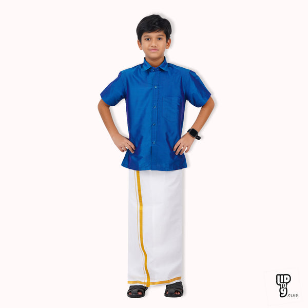 SKV ETHNIVERSE Padmaavathi's Ethnic Wear Boys' Silk Shirt & Dhoti Set - Blue color
