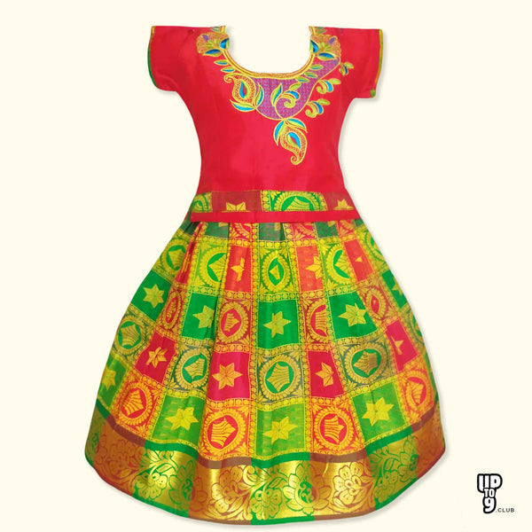 SRI LAKSHMI NARAYANA  Girls Traditional Indian Lehenga Choli Set, Red,Art Silk - Pick & Pick Pattu Pavada 717SP