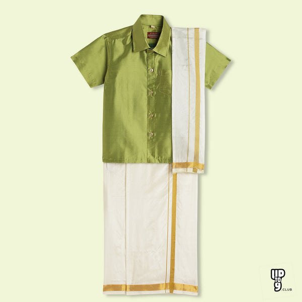 THANGAMAGAN PREMIUM Boys Green Shirt with Self-attaching Dhoti, Towel And Freebies Set