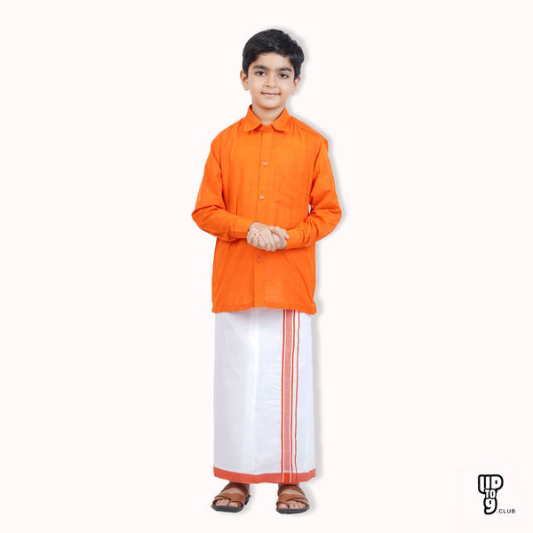 SKV ETHNIVERSE Padmaavathi's Ethnic Wear Boys' Silk Shirt & Dhoti Set - Orange color