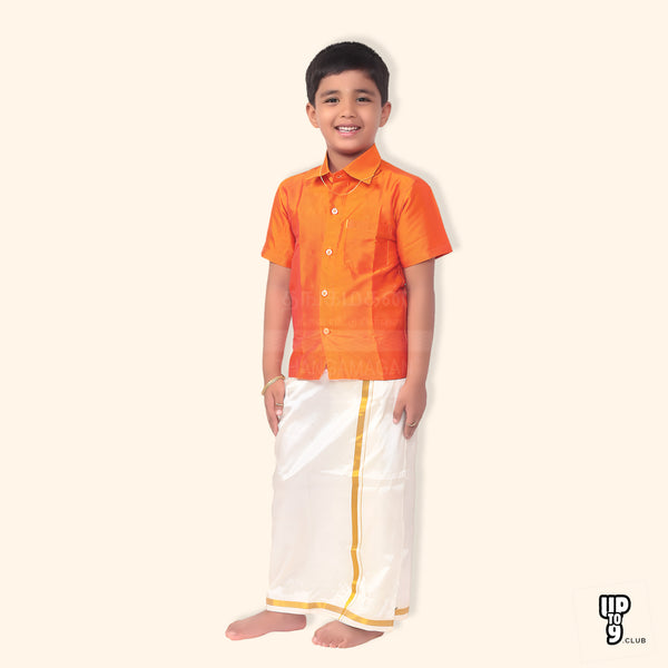THANGAMAGAN PREMIUM Boys Lavender Shirt with Self-attaching Dhoti, Towel And Freebies Set