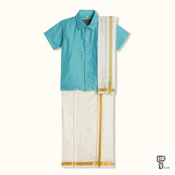 THANGAMAGAN PREMIUM Boys Turquoise Shirt with Self-attaching Dhoti, Towel And Freebies Set