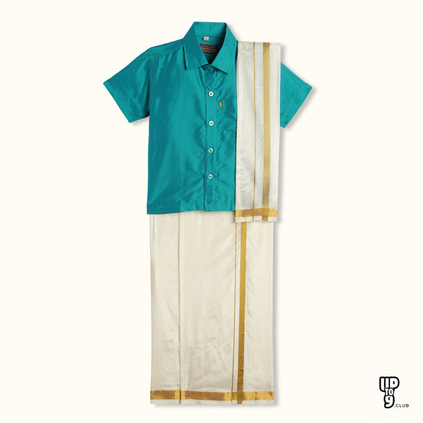 THANGAMAGAN PREMIUM Boys Teal Shirt with Self-attaching Dhoti, Towel And Freebies Set