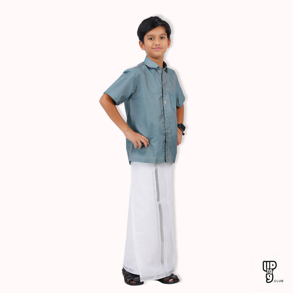SKV ETHNIVERSE Padmaavathi's Ethnic Wear Boys' Silk Shirt & Dhoti Set - Light blue color
