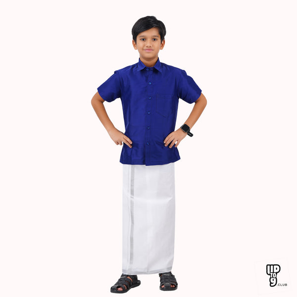 SKV ETHNIVERSE Padmaavathi's Ethnic Wear Boys' Silk Shirt & Dhoti Set - Blue color