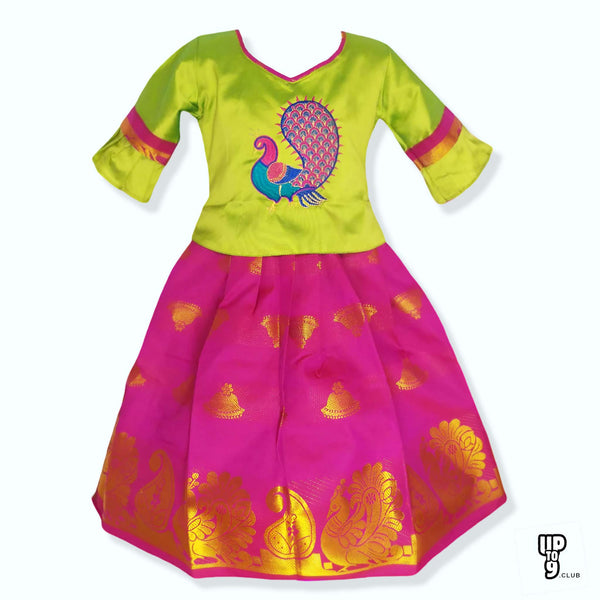 SRI LAKSHMI NARAYANA  Girls Traditional Indian Lehenga Choli Set, Pink ,Art Silk - Embose Pattu Pavada 912SP