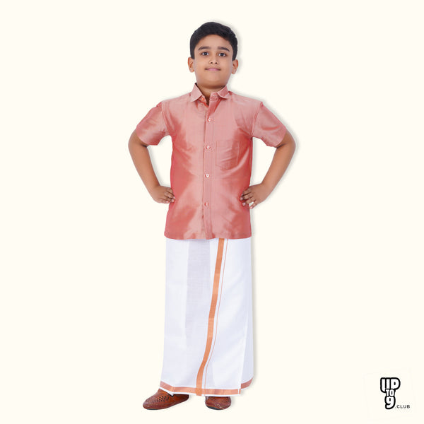 SKV ETHNIVERSE Padmaavathi's Ethnic Wear Boys' Silk Shirt & Dhoti Set - Pink color