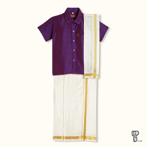 THANGAMAGAN PREMIUM Boys Purple Shirt with Self-attaching Dhoti, Towel And Freebies Set