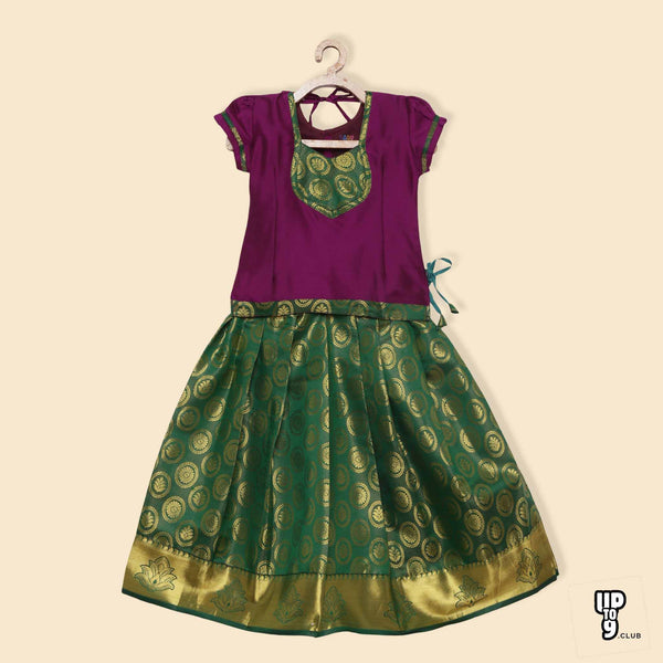 BABY LAKSHMI Half Puffed Sleeves Patch Embroidered Floral Foil Printed Pattu Pavadai Set - Violet