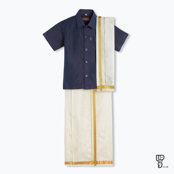 THANGAMAGAN PREMIUM Boys Navy Blue Shirt with Self-attaching Dhoti, Towel And Freebies Set