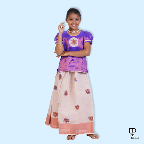 SKV ETHNIVERSE Girls' Traditional Indian Lehenga Choli Set,  Purple and Peach , Floral embroidered pattu pavadai