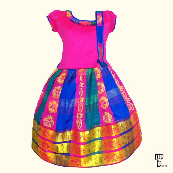 SRI LAKSHMI NARAYANA  Girls Traditional Indian Lehenga Choli Set, Pink and Blue ,Embose Pattu Pavada PB01DP