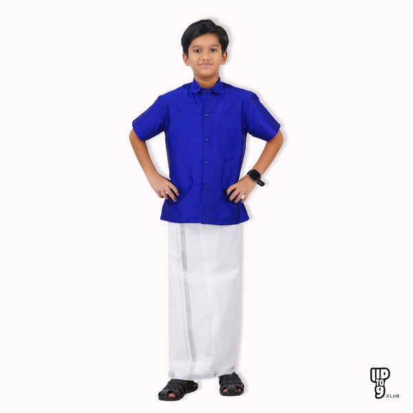 SKV ETHNIVERSE Padmaavathi's Ethnic Wear Boys' Silk Shirt & Dhoti Set - Blue color