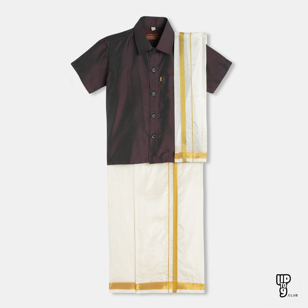 THANGAMAGAN PREMIUM Boys Maroon Shirt with Self-attaching Dhoti, Towel And Freebies Set