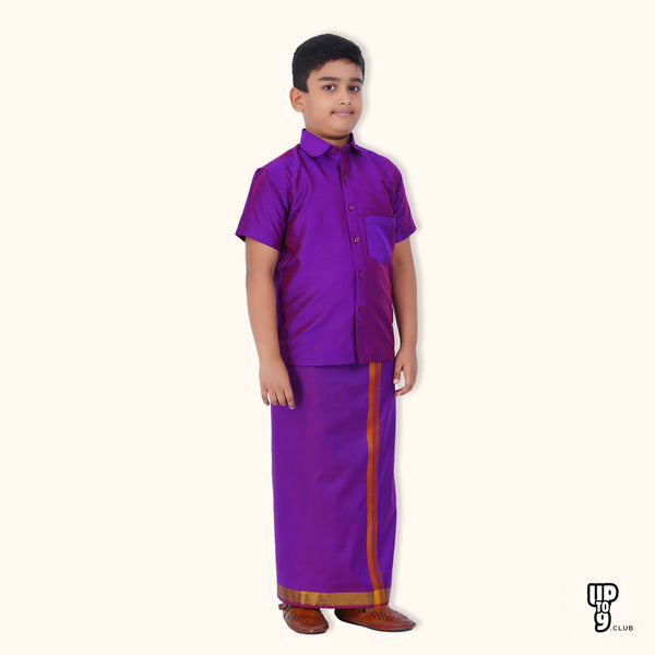 SKV ETHNIVERSE Padmaavathi's Ethnic Wear for Boys Violet Silk Shirt - Dhoti Set