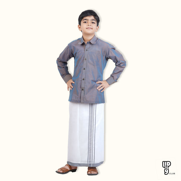 SKV ETHNIVERSE Padmaavathi's Ethnic Wear Boys' Silk Shirt & Dhoti Set - Blue color