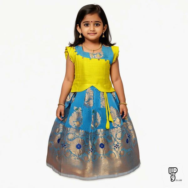 SRI LAKSHMI NARAYANA  Girls Traditional Indian Lehenga Choli Set, Blue and Yellow, Chanderi Silk Pattu Pavada 317SPB