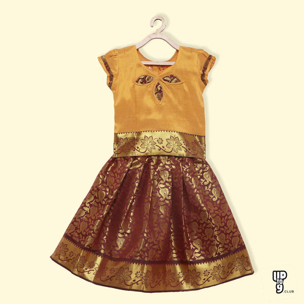 BABY LAKSHMI Viscose Short Puffed Sleeves Ethnic Motif Foil Printed Pattu Pavadai Set - Mango Gold