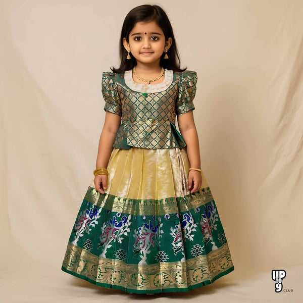SRI LAKSHMI NARAYANA  Girls Traditional Indian Lehenga Choli Set, Green , Chanderi Silk Pattu Pavada 350SP