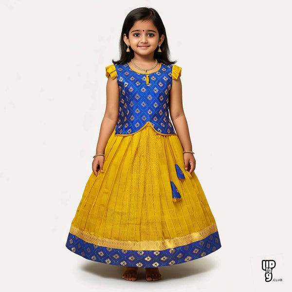 SRI LAKSHMI NARAYANA  Girls Traditional Indian Lehenga Choli Set, Blue and Yellow, Banaras - Slub  Checkered  Silk Pattu Pavada 313SP