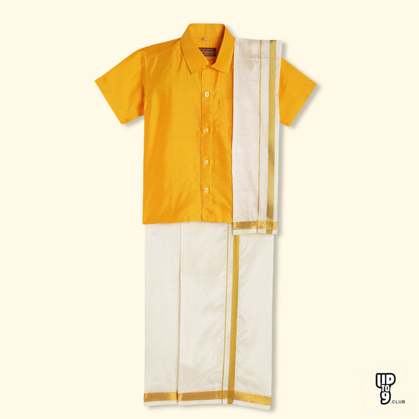 THANGAMAGAN PREMIUM Boys Yellow Shirt with Self-attaching Dhoti, Towel And Freebies Set